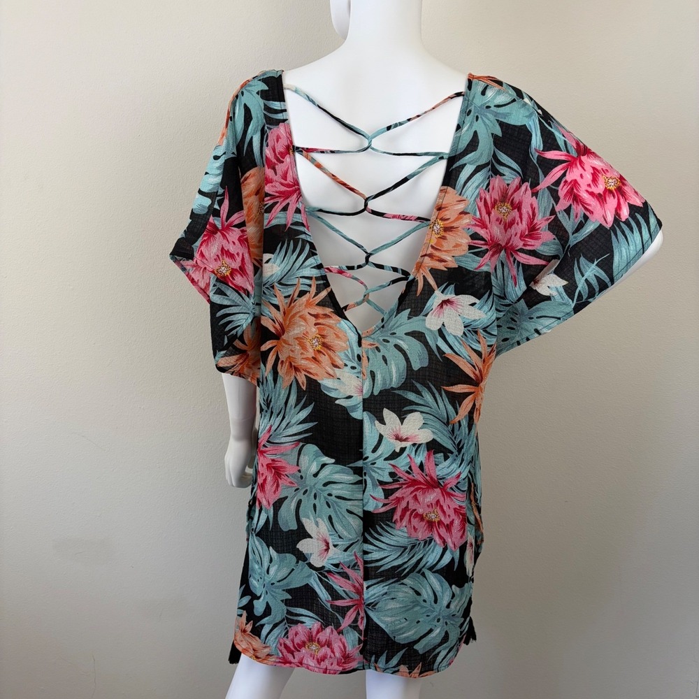 Kona Sol Tropical XL Blue Floral Lace Up Back Kaftan Swim Coverup‎ Black Tassel